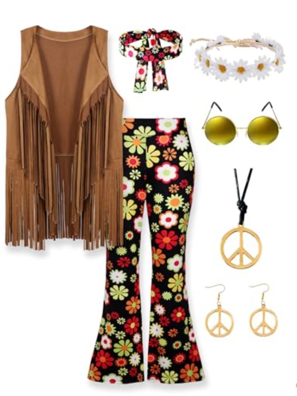70s Hippie Costume Set Fringe Vest Flare Pants Suede Peace Sign 8 Pc Women